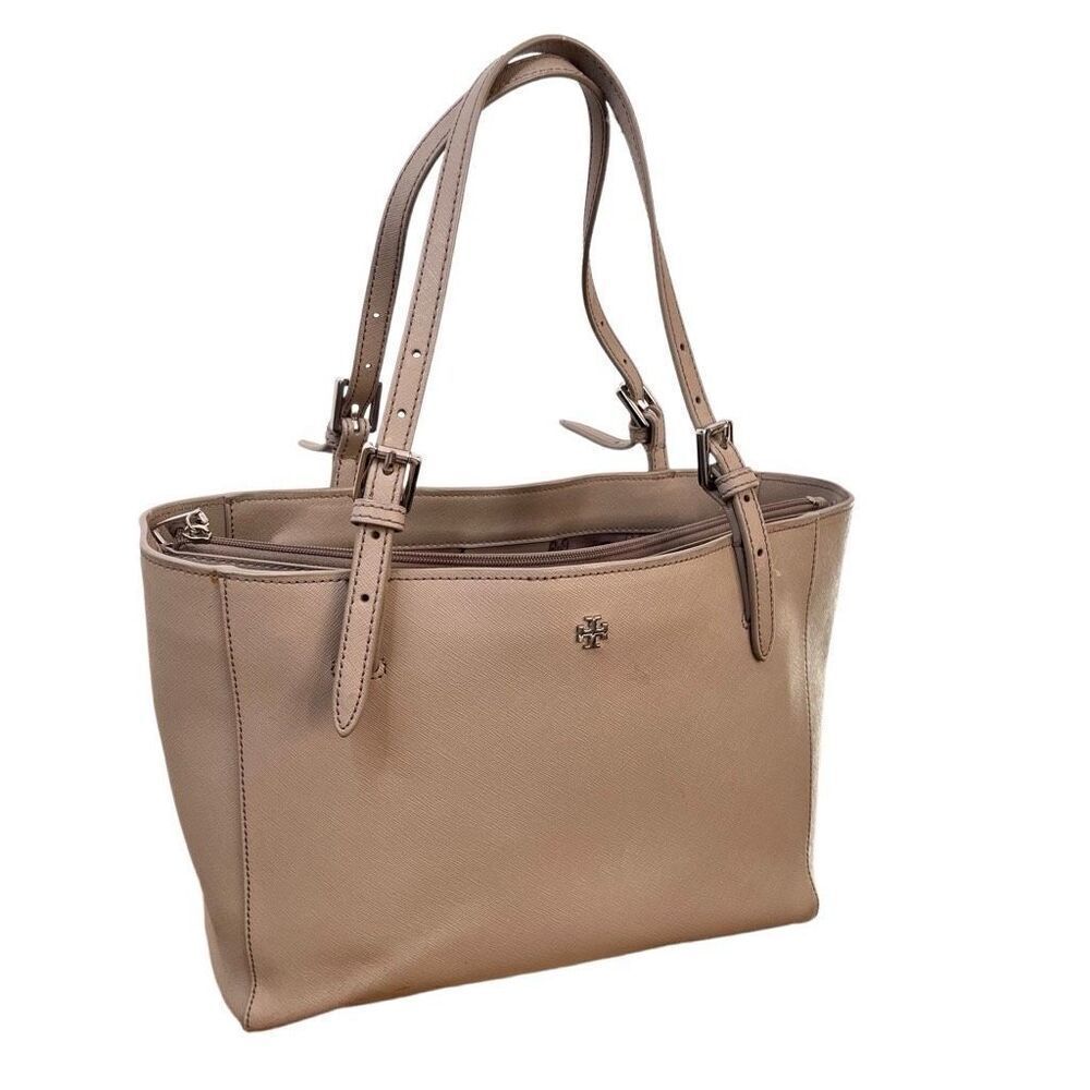 Tory‎ Burch York Buckle Tote Bag Saffiano Leather Taupe Shoulder Purse Double